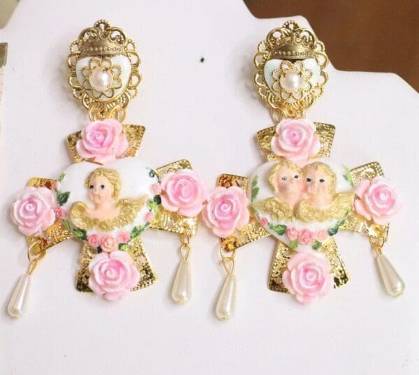 SOLD! 5711 Rococo Hearts Cherubs Cross Massive Statement Earrings