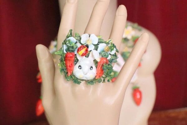 SOLD! 5716 Adorable Enamel Bunny Carrots Ladybug Cocktail Adjustable Ring