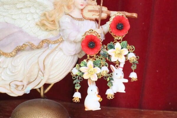 SOLD! 5718 Hand Painted Adorable Bunnies Poppy Massive Statement Earrings