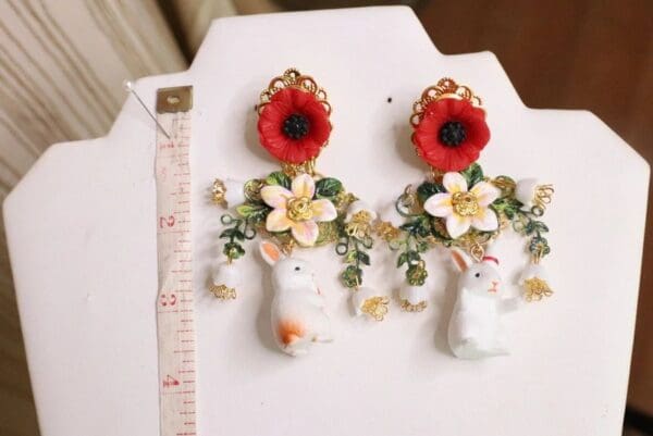 SOLD! 5718 Hand Painted Adorable Bunnies Poppy Massive Statement Earrings - Image 6