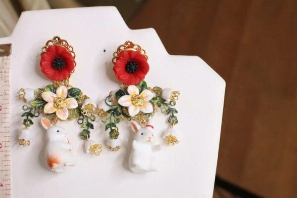 SOLD! 5718 Hand Painted Adorable Bunnies Poppy Massive Statement Earrings - Image 7