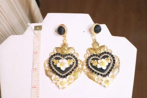 SOLD! 5719 Baroque Black Hearts Massive Statement Earrings - Image 4