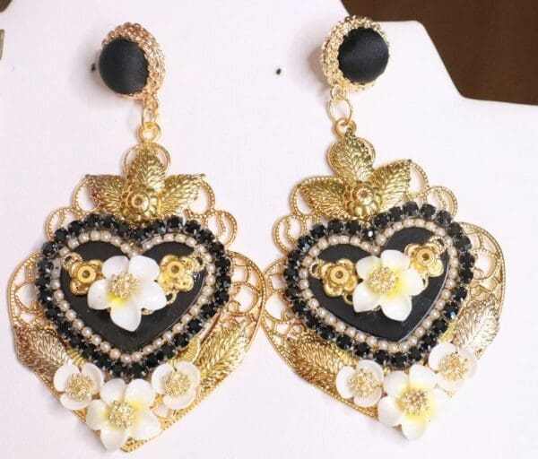SOLD! 5719 Baroque Black Hearts Massive Statement Earrings - Image 5