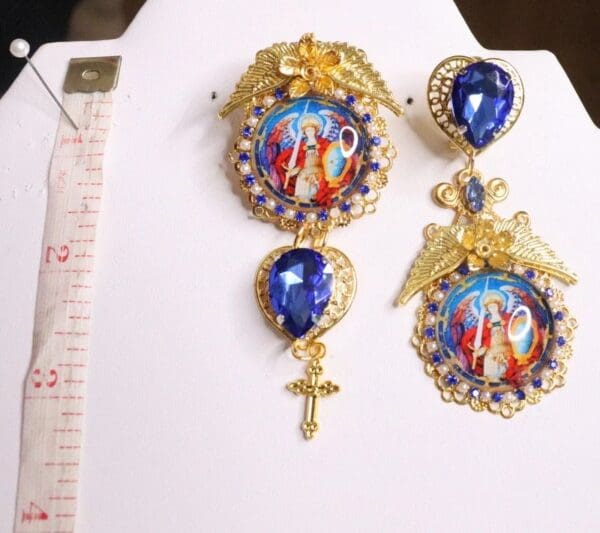 SOLD! 5733 Saint Michael Irregular Cameo Colorful Statement Earrings - Image 2
