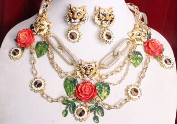 SOLD! 5736 Set Of Hand Painted Baroque Tigers Massive Necklace+ Earrings - Image 3