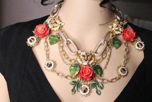 SOLD! 5736 Set Of Hand Painted Baroque Tigers Massive Necklace+ Earrings - Image 6