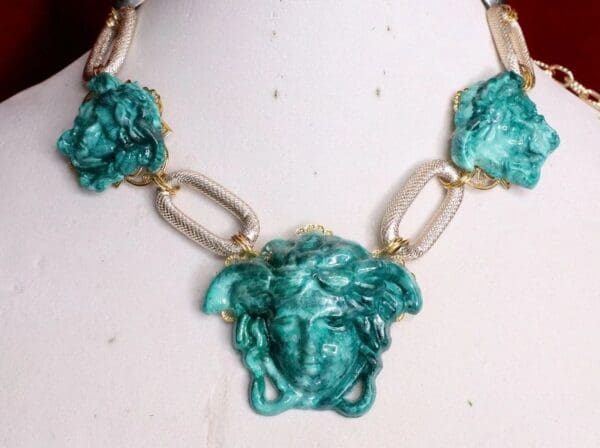 SOLD! 5737 Malachite Effect Medusa Head Chained Statement Necklace - Image 2