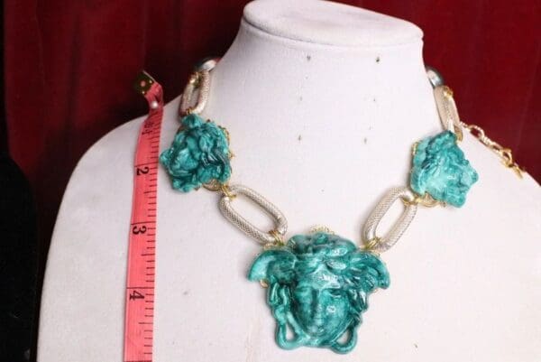 SOLD! 5737 Malachite Effect Medusa Head Chained Statement Necklace - Image 3