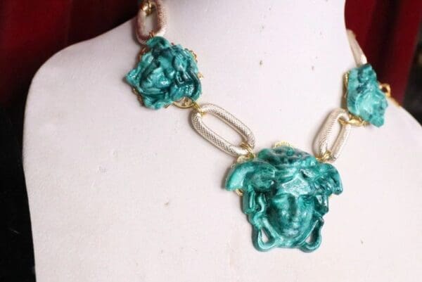 SOLD! 5737 Malachite Effect Medusa Head Chained Statement Necklace - Image 4