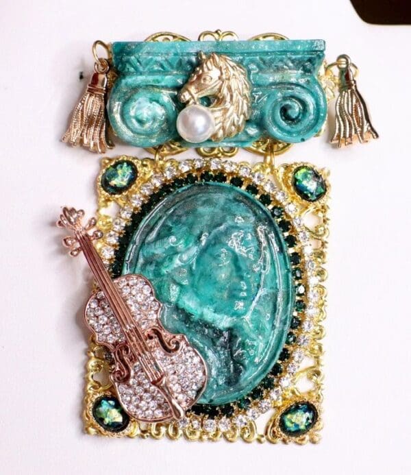 SOLD! 5738 Huge Malachite Effect Wolfgang Amadeus Mozart Unique Brooch - Image 3