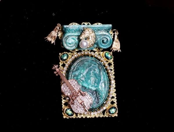 SOLD! 5738 Huge Malachite Effect Wolfgang Amadeus Mozart Unique Brooch