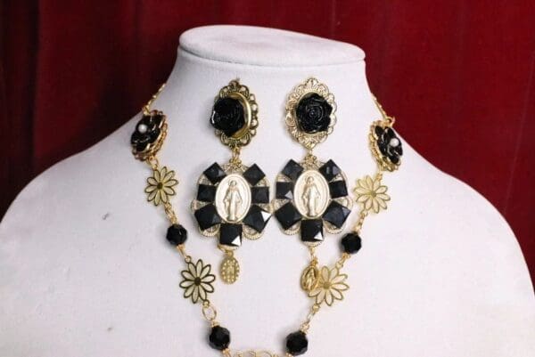 SOLD! 5740 Elegant Madonna Virgin Maqry Coin Black Tile Statement Earrings