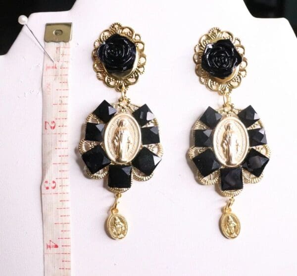 SOLD! 5740 Elegant Madonna Virgin Maqry Coin Black Tile Statement Earrings - Image 6