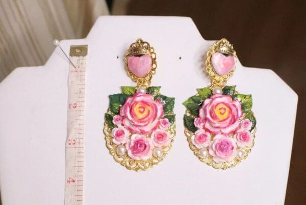 SOLD! 5765 Baroque Hand Painted Roses Scared Heart Statement Earrings - Image 5