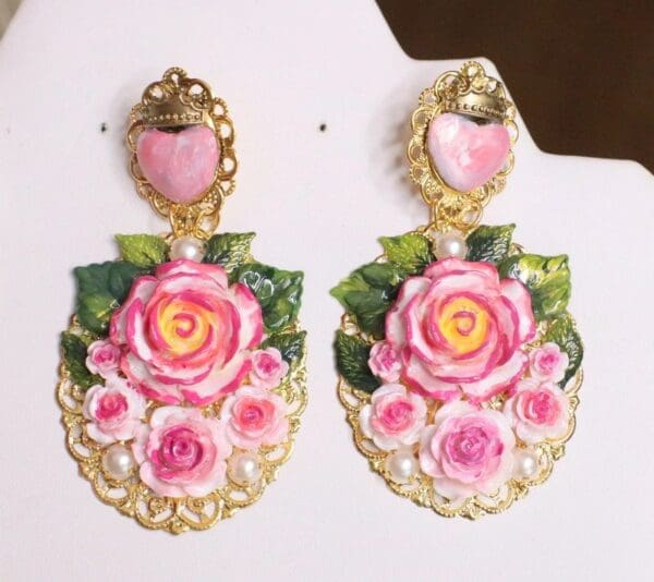 SOLD! 5765 Baroque Hand Painted Roses Scared Heart Statement Earrings