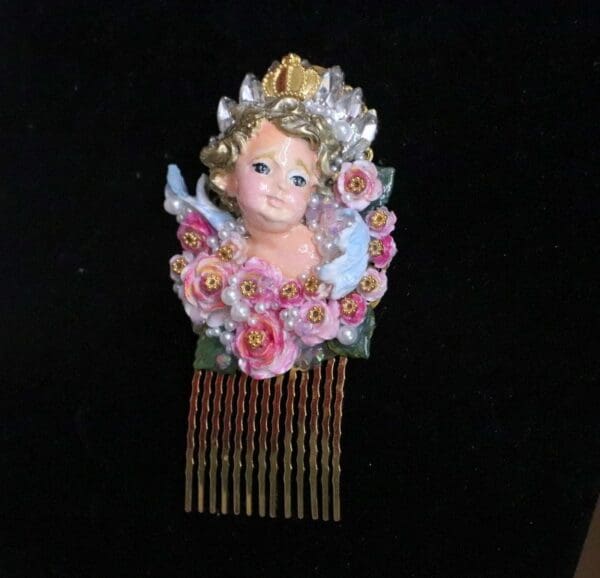 SOLD! 5766 Baroque Cherub Angel Hand Painted Roses Hair Comb - Image 8