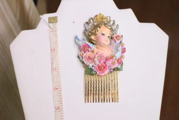 SOLD! 5766 Baroque Cherub Angel Hand Painted Roses Hair Comb - Image 9