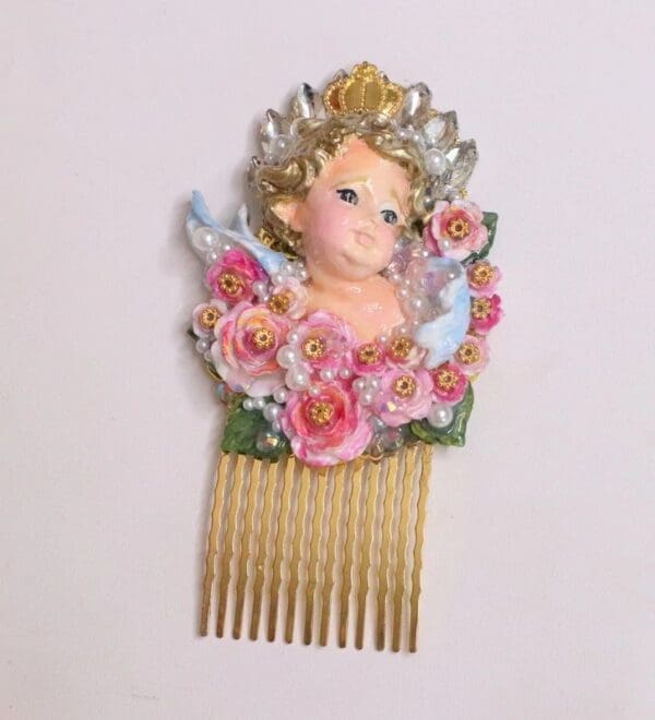 SOLD! 5766 Baroque Cherub Angel Hand Painted Roses Hair Comb - Image 10