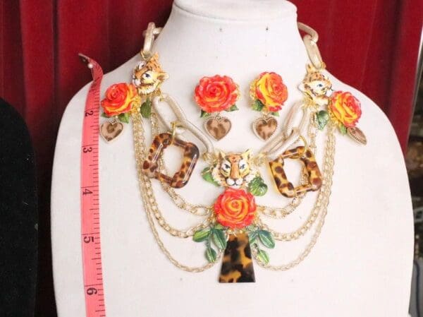 SOLD! 5799 Set Of Hand Painted Baroque Tigers Massive Necklace+ Earrings - Image 6
