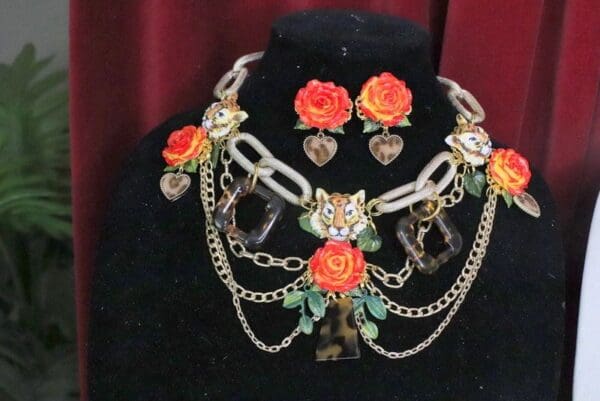 SOLD! 5799 Set Of Hand Painted Baroque Tigers Massive Necklace+ Earrings - Image 9