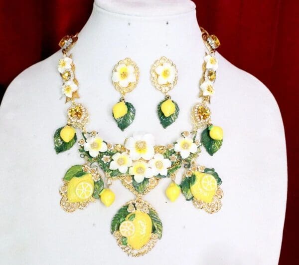 SOLD! 5803 Set Of Hand Painted Baroque Lemon Fruit Flower Blossom Massive Necklace+ Earrings - Image 2