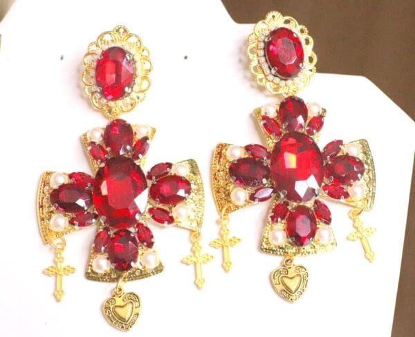 SOLD! 5805 Baroque Red Rhinestone MAssive Cross Statement Earrings - Image 7