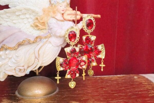 SOLD! 5805 Baroque Red Rhinestone MAssive Cross Statement Earrings - Image 8