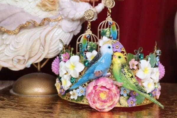 SOLD! 5818 Set Of Hand Painted Love Birds Parrots Flowers Headband Crown