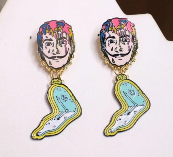 SOLD! 5819 Salvador Dali Melted Clock Enamel Statement Earrings