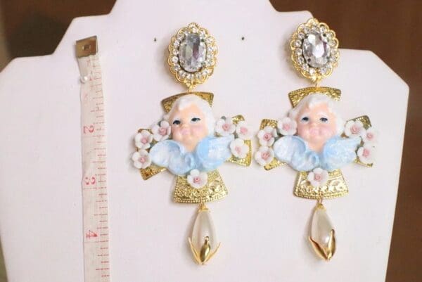 SOLD! 5820 Baroque Cherub Roses Cross Statement Earrings - Image 5
