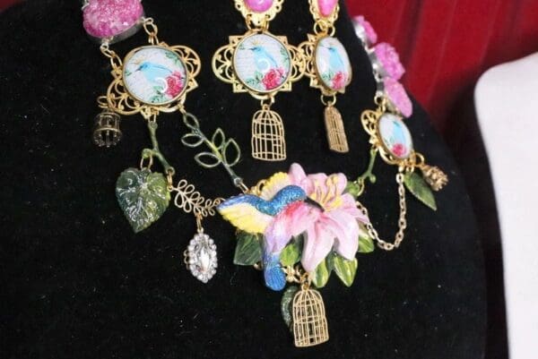 SOLD! 5822 Set Of Art Nouveau Genuine Druzzy Agate Hand Painted Hummingbird Statement Necklace+ Earrings - Image 3