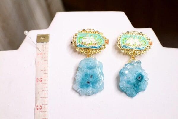 SOLD! 5823 Nautical Vacation Enamel Ship Genuine Blue Solar Quartz Statement Earrings - Image 5