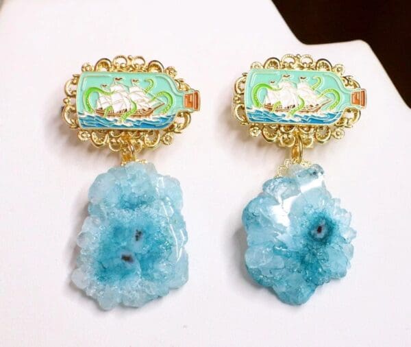 SOLD! 5823 Nautical Vacation Enamel Ship Genuine Blue Solar Quartz Statement Earrings - Image 6