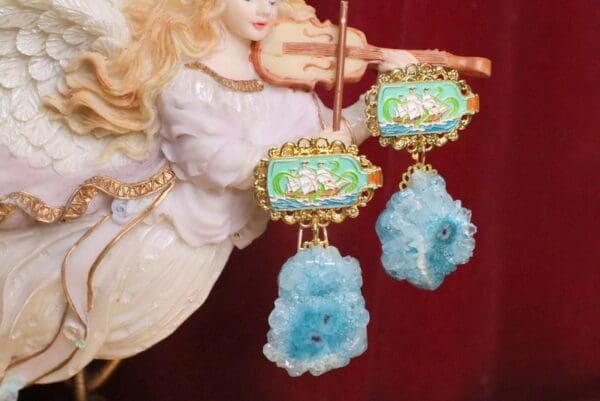 SOLD! 5823 Nautical Vacation Enamel Ship Genuine Blue Solar Quartz Statement Earrings