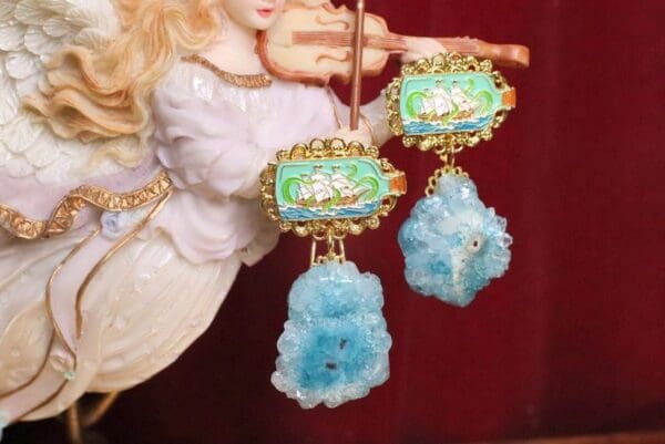 SOLD! 5823 Nautical Vacation Enamel Ship Genuine Blue Solar Quartz Statement Earrings - Image 7