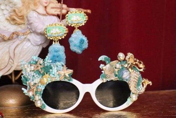 SOLD! 5823 Nautical Vacation Enamel Ship Genuine Blue Solar Quartz Statement Earrings - Image 8