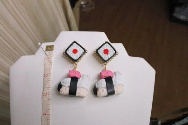 SOLD! 5834 Asian 3D Effect Sushi Cat Statement Earrings - Image 5