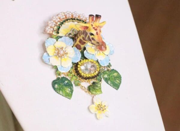 SOLD! 5841 Baroque 3D Effect Hand Painted Giraffe Flowers Unique Brooch - Image 2