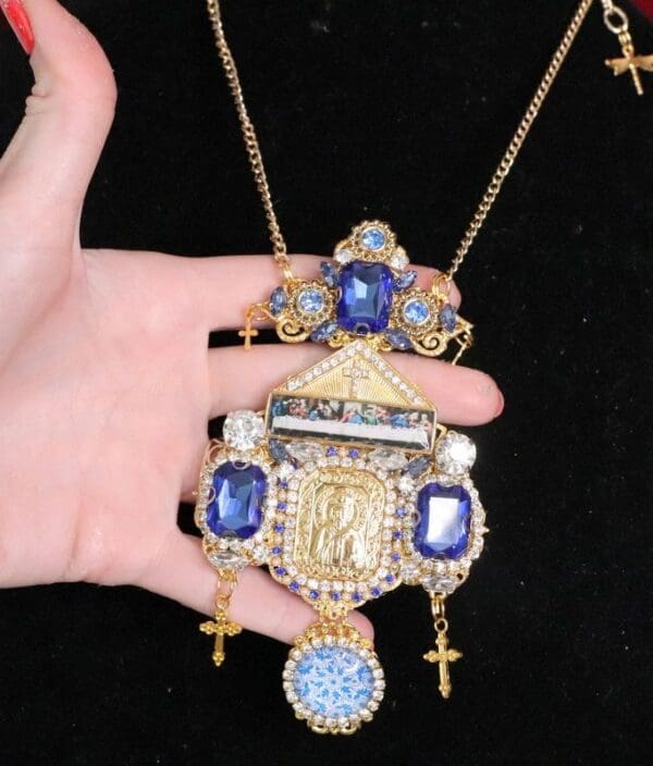 SOLD! 5843 Saint Church Blue Rhinestone Tall Pendant Necklace - Image 3
