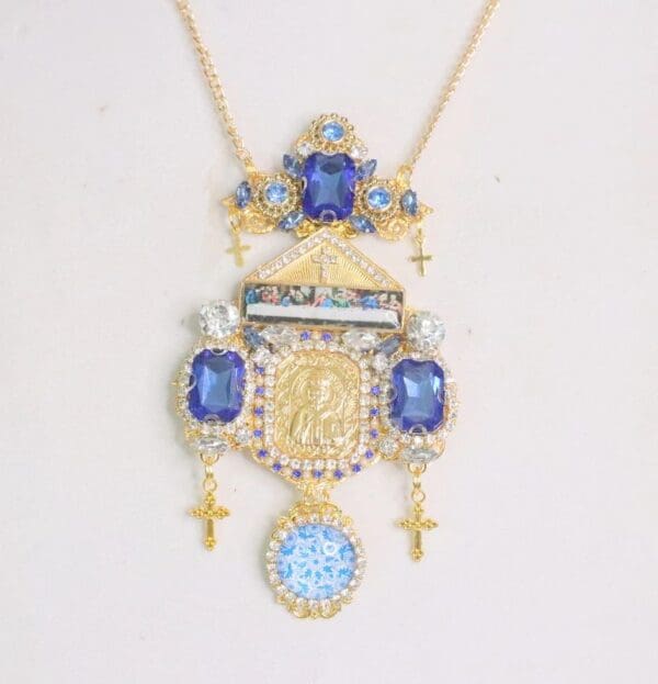 SOLD! 5843 Saint Church Blue Rhinestone Tall Pendant Necklace - Image 6