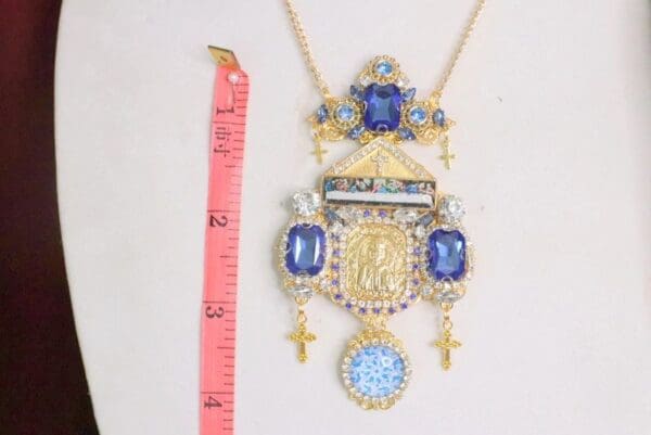 SOLD! 5843 Saint Church Blue Rhinestone Tall Pendant Necklace - Image 9
