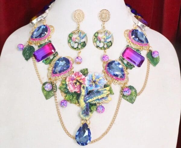 SOLD! 5859 Set Of Art Nouveau Hand Painted Hummingbird Genuine Tourmaline Statement Necklace+ Earrings - Image 2