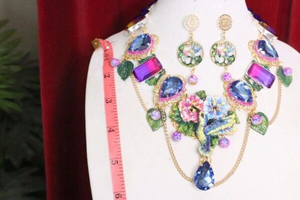 SOLD! 5859 Set Of Art Nouveau Hand Painted Hummingbird Genuine Tourmaline Statement Necklace+ Earrings - Image 7