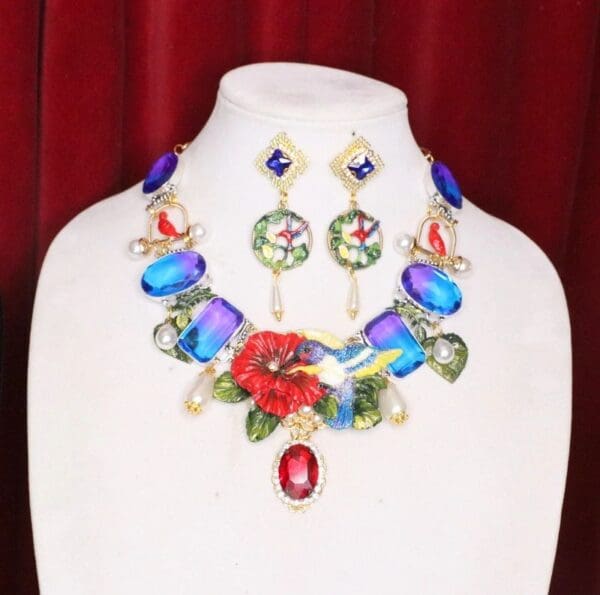 SOLD! 5878 Set Of Art Nouveau Hand Painted Hummingbird Genuine Tourmaline Statement Necklace+ Earrings - Image 5