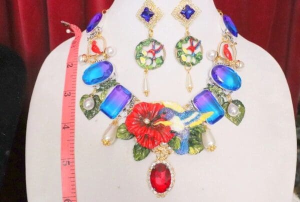 SOLD! 5878 Set Of Art Nouveau Hand Painted Hummingbird Genuine Tourmaline Statement Necklace+ Earrings - Image 6