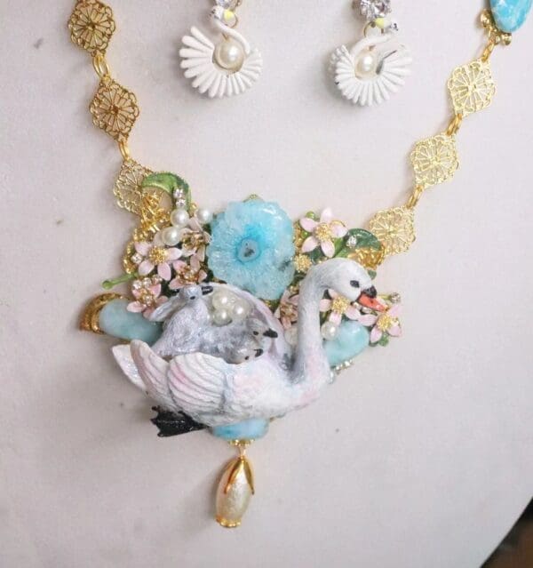 SOLD! 5880 Set Of Art Nouveau 3D Effect Swan Mom Genuine Quartz Larimar Hand Painted Necklace - Image 2