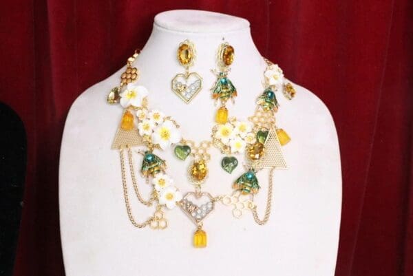 SOLD! 5881 Set Of Art Nouveau Enamel Bee Honey Comb Necklace+ Earrings - Image 9