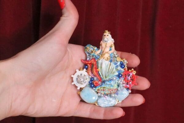 SOLD! 5883 Baroque 3D Effect Hand Painted Poseidon Genuine Larimar Unique Brooch - Image 2