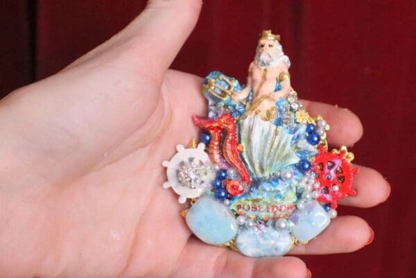 SOLD! 5883 Baroque 3D Effect Hand Painted Poseidon Genuine Larimar Unique Brooch - Image 4