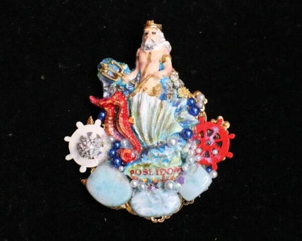 SOLD! 5883 Baroque 3D Effect Hand Painted Poseidon Genuine Larimar Unique Brooch - Image 5